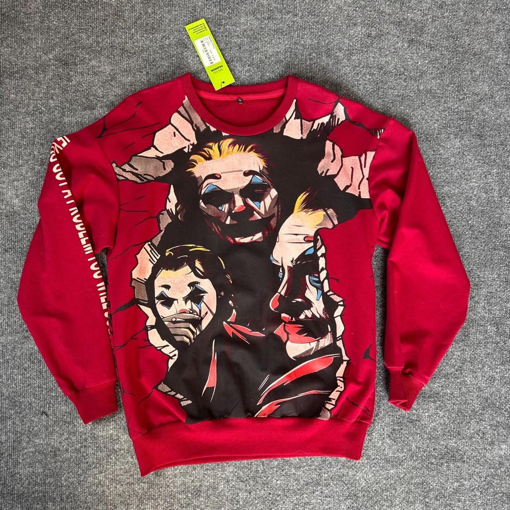 The Joker Sweater Mens Medium RED Batman Pullover Comic Print Crew Neck DC $130